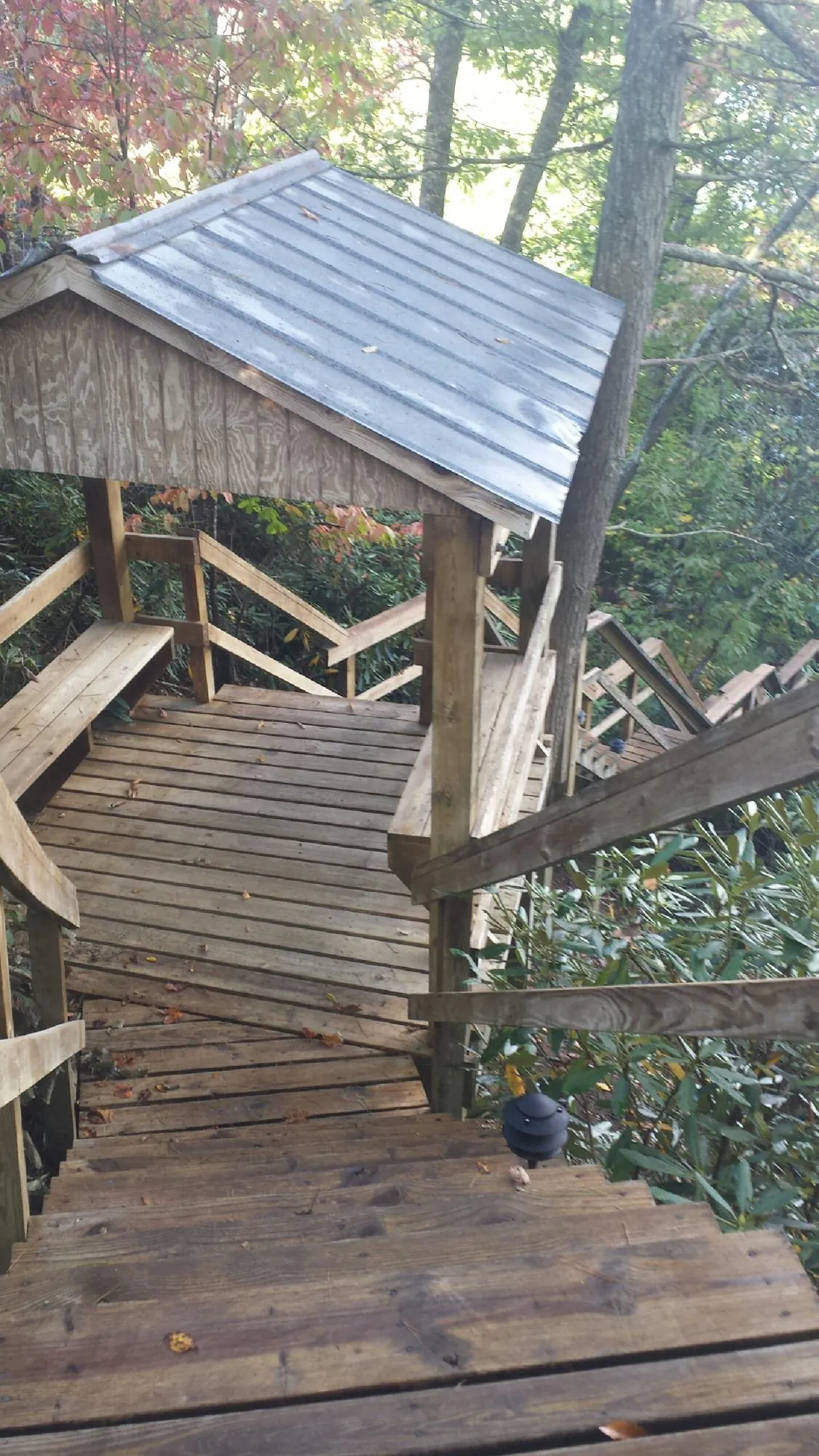 Metal roofed shelter over wooden steps on a wooded walkway — Skylight Repair & Installation work by our crew in Addy